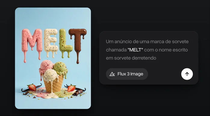 Um anúncio de sorvete com o nome da marca MELT escrito em sorvete escorrendo acima de uma casquinha, ao lado do prompt