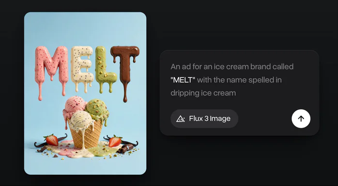 An ice cream ad with the brand name MELT spelled in dripping ice cream above a waffle cone, next to its prompt