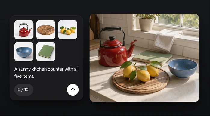 Five product photos, a red kettle, a cutting board, lemons, a blue bowl and a green cookbook, and the kitchen still life made from them