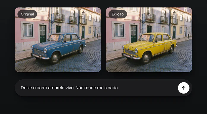 Um carro antigo azul em uma rua de Lisboa e a mesma foto com o carro amarelo, marcadas Original e Edição, com o pedido embaixo