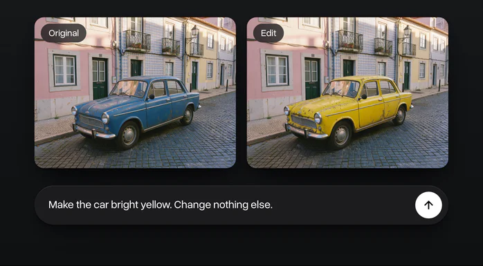 A blue vintage car on a Lisbon street and the same photo with the car made yellow, the request under them