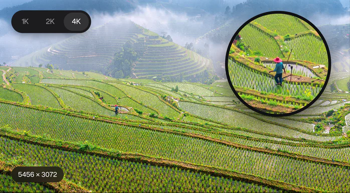 Uma foto aérea em 4K de terraços de arroz com o seletor 1K, 2K e 4K e uma lupa sobre um agricultor de chapéu vermelho