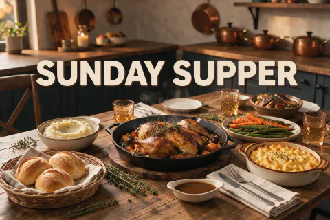 Um banner do YouTube para um canal de culinária chamado SUNDAY SUPPER com uma mesa cheia de comida
