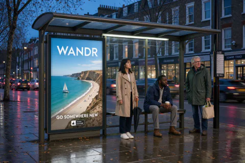 Um anúncio em um ponto de ônibus de um app de viagens chamado WANDR com a frase GO SOMEWHERE NEW