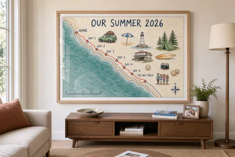 Um mapa ilustrado de viagem de carro com o título OUR SUMMER 2026, emoldurado na parede de uma sala de estar