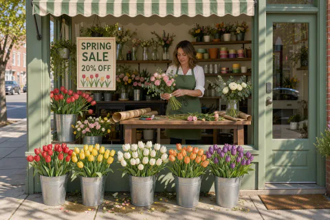 A vitrine de uma floricultura com um cartaz SPRING SALE 20% OFF e baldes de tulipas