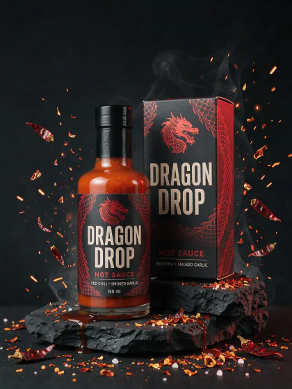 Uma garrafa e uma caixa do molho de pimenta DRAGON DROP com um dragão vermelho sobre rocha vulcânica preta, com flocos de pimenta e brasas voando