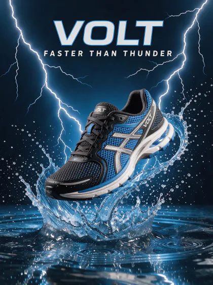 Um anúncio de tênis de corrida com o título VOLT, FASTER THAN THUNDER, o tênis saltando da água azul sob raios