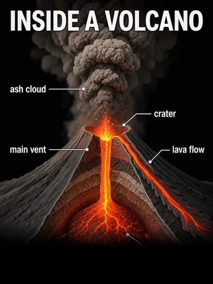 Um corte 3D de um vulcão em erupção com o título INSIDE A VOLCANO e as legendas ash cloud, crater, lava flow, main vent e magma chamber