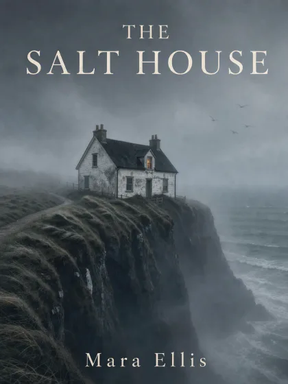 Uma capa de livro de mistério com o título THE SALT HOUSE e uma casa em um penhasco com neblina