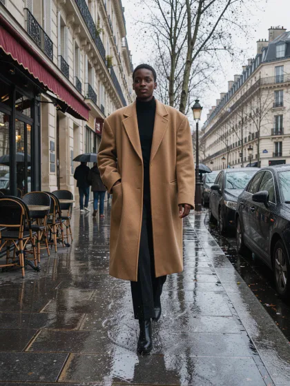 Modelo com um casaco camelo oversized em uma rua chuvosa de Paris
