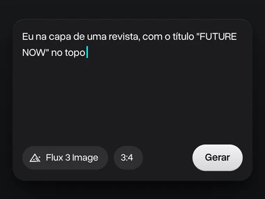 Um prompt para uma capa de revista com o título FUTURE NOW, com o Flux 3 Image selecionado