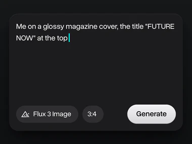 A prompt for a glossy magazine cover with the title FUTURE NOW, Flux 3 Image picked