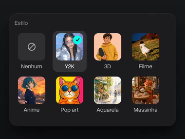 O menu Estilo com Y2K selecionado entre 3D, Filme, Anime, Pop art, Aquarela e Massinha
