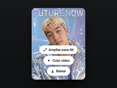 O resultado, uma capa de revista Y2K com o título FUTURE NOW e o rapaz de jaqueta holográfica, com Ampliar para 4K, Criar vídeo e Baixar