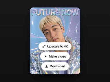 The result, a Y2K magazine cover titled FUTURE NOW with the man in a holographic jacket, with Upscale to 4K, Make video and Download