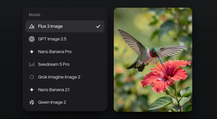 The model menu with Flux 3 Image ticked above GPT Image 2.5, Nano Banana Pro, Seedream 5 Pro, Grok Imagine Image 2, Nano Banana 2.1 and Qwen Image 2, next to a hummingbird photo made with Flux 3 Image
