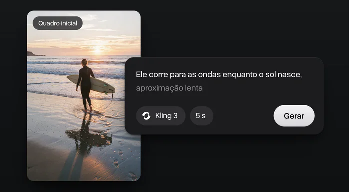 Uma imagem do Flux 3 Image de um surfista entrando no mar ao nascer do sol como quadro inicial de um vídeo, com o prompt, Kling 3, 5 segundos e Gerar