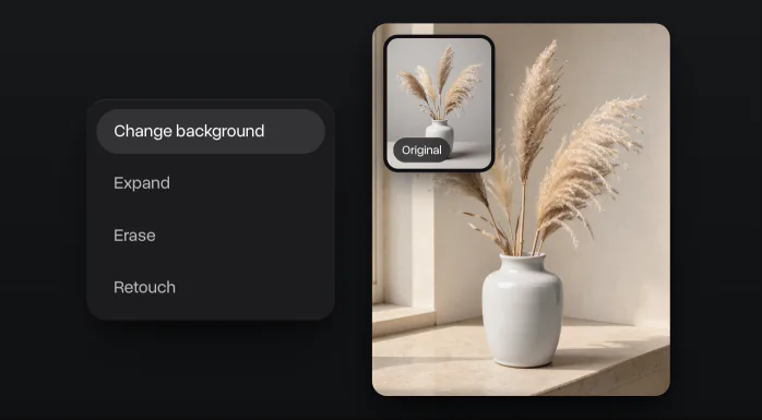 The photo tools with Change background picked, a vase with pampas grass moved from a grey background to a sunny stone windowsill, the original in the corner