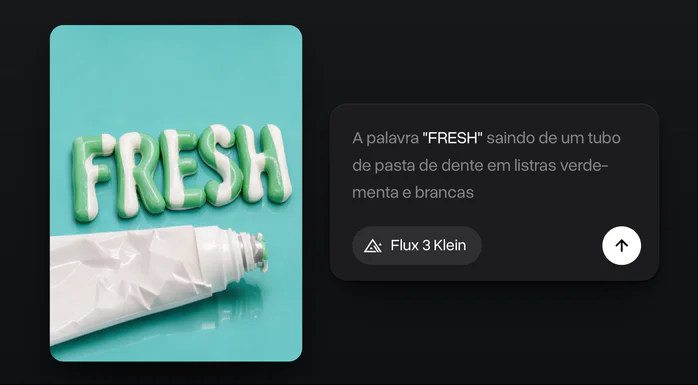 A palavra FRESH feita de pasta de dente listrada de verde-menta e branco saindo do tubo, ao lado do prompt