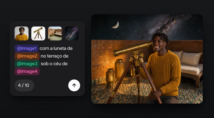 Quatro fotos, um homem de suéter amarelo, uma luneta de latão, um terraço em Marrakech e um céu noturno, e a cena feita com elas