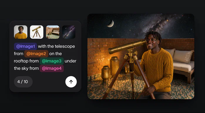 Four photos, a man in a yellow sweater, a brass telescope, a Marrakech rooftop and a night sky, and the scene made from them