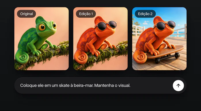 Um camaleão 3D que fica laranja e ganha óculos escuros, depois vai para um skate à beira-mar, o mesmo personagem nas três imagens