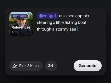 A photo of an elderly man in a flat cap in the References tile, tagged @Image1 in the prompt