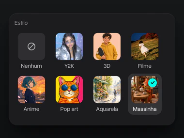 O menu de estilos com Massinha escolhido entre Y2K, 3D, Filme, Anime, Pop art e Aquarela