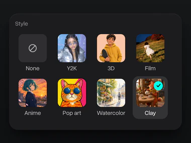 The style menu with Clay picked among Y2K, 3D, Film, Anime, Pop art and Watercolor