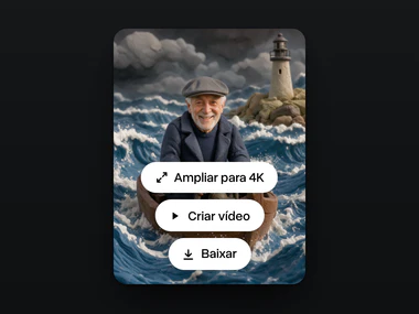 O resultado, um capitão de massinha com o rosto do avô conduzindo um barco na tempestade, com Ampliar para 4K, Criar vídeo e Baixar