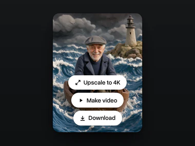 The result, a clay sea captain with the grandpa’s face steering a boat through a storm, with Upscale to 4K, Make video and Download