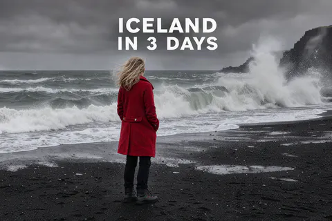 A capa de um vlog de viagem com uma mulher de casaco vermelho em uma praia de areia preta na Islândia e o título ICELAND IN 3 DAYS