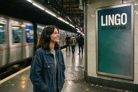 Um pôster no metrô de um app de idiomas chamado LINGO com a frase SAY IT LIKE A LOCAL e uma mulher sorrindo ao passar