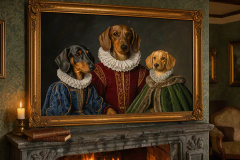 Um retrato a óleo emoldurado de três dachshunds vestidos como nobres renascentistas acima de uma lareira