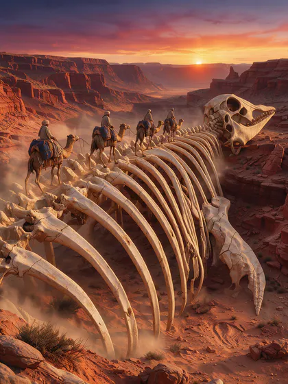 Uma caravana de camelos caminhando sobre o esqueleto de uma baleia gigante em um cânion no deserto ao pôr do sol