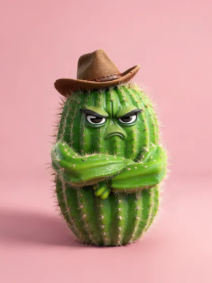 Um cacto 3D mal-humorado com um chapéu de caubói pequeno e os braços cruzados em um fundo rosa