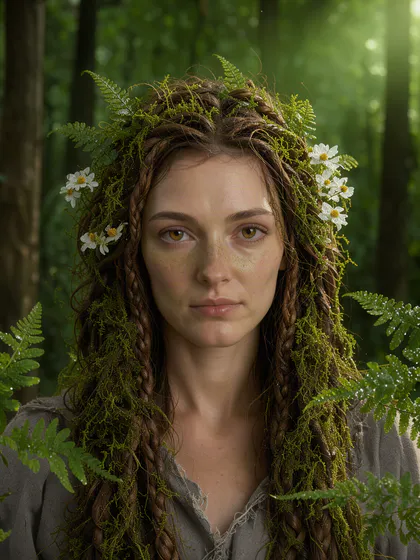 Uma mulher como elfa da floresta, com musgo, samambaias e pequenas flores brancas no cabelo