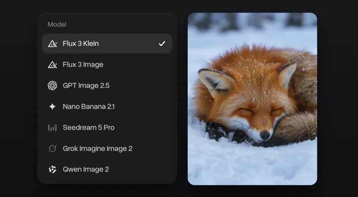 The model menu with Flux 3 Klein ticked above Flux 3 Image, GPT Image 2.5, Nano Banana 2.1, Seedream 5 Pro, Grok Imagine Image 2 and Qwen Image 2, next to a Flux 3 Klein photo of a fox asleep in the snow