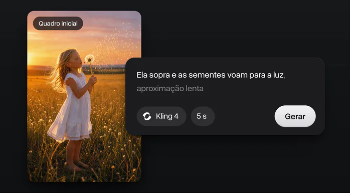 Uma imagem do Flux 3 Klein de uma menina soprando um dente-de-leão ao pôr do sol como quadro inicial de um vídeo, com o prompt, Kling 4, 5 segundos e Gerar