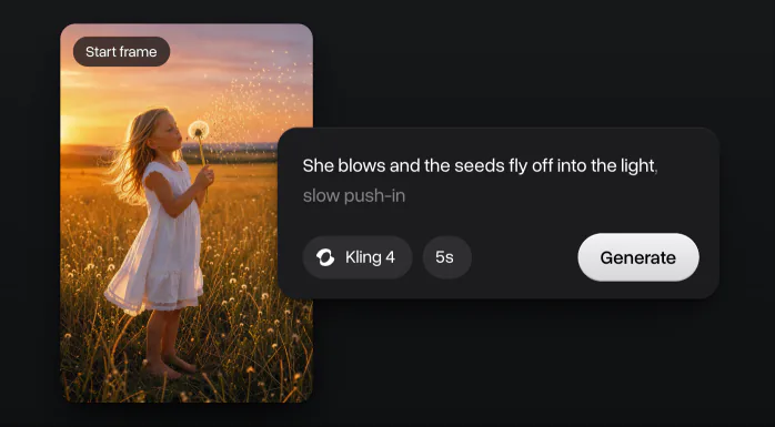 A Flux 3 Klein picture of a girl blowing a dandelion at sunset as the start frame of a video, with the prompt, Kling 4, 5 seconds and Generate