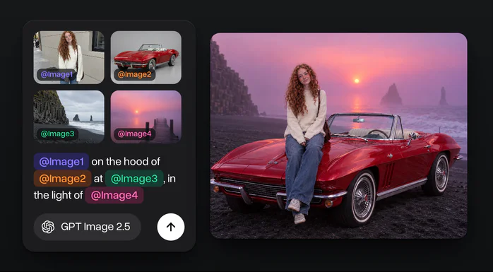 Four photos, a red-haired woman, a red convertible, a black sand beach and a pink foggy sunrise, and one shot of the woman on the car on that beach in the pink light