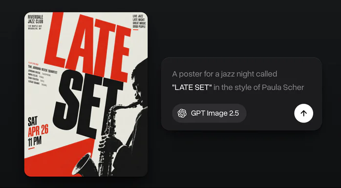 A red and black jazz poster with LATE SET in huge letters and a saxophonist, next to the one-line prompt that asked for it