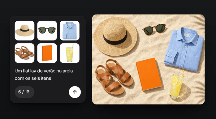 Seis fotos de produtos, um chapéu, óculos de sol, uma camisa, sandálias, um livro e uma limonada, e o flat lay de verão feito com eles