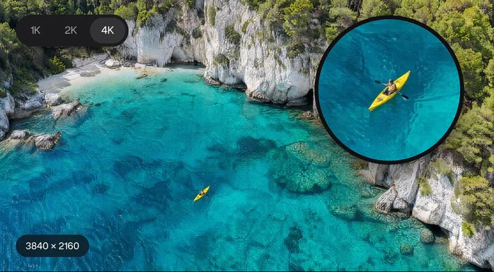 Uma foto aérea em 4K de uma baía azul-turquesa com o seletor 1K, 2K e 4K e uma lupa sobre um pequeno caiaque amarelo