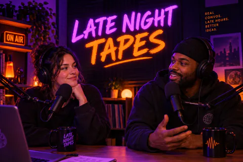 Capa de podcast com o título LATE NIGHT TAPES e dois apresentadores nos microfones em luz neon