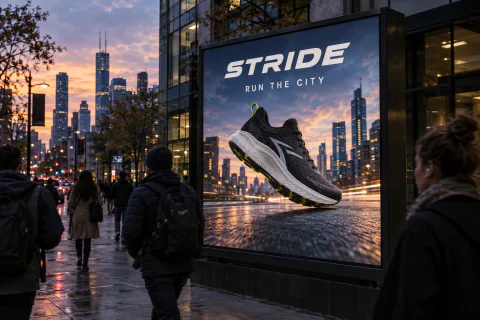 Um outdoor de rua da marca de tênis de corrida STRIDE com a frase RUN THE CITY