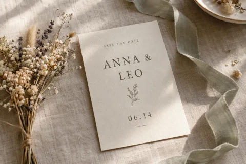 Um cartão save the date com ANNA & LEO 06.14 sobre uma mesa de linho com flores secas