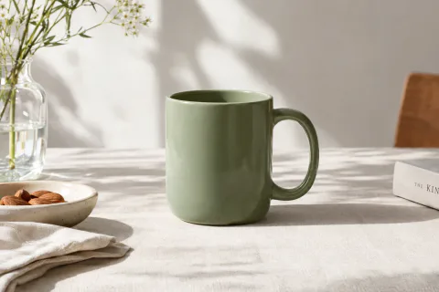 Uma caneca de cerâmica verde-sálvia sobre uma toalha de linho na luz da manhã