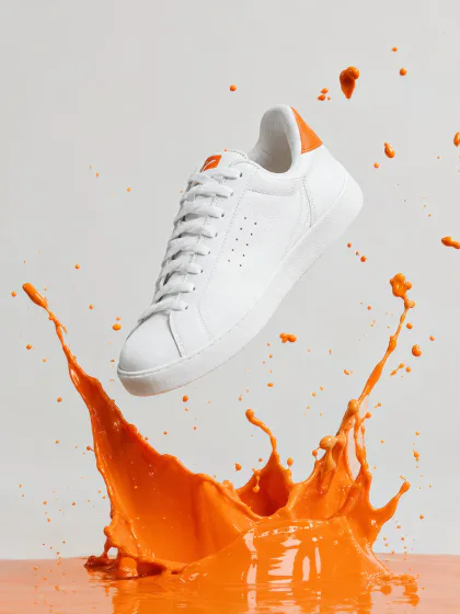 Um tênis branco flutuando sobre um respingo de tinta laranja